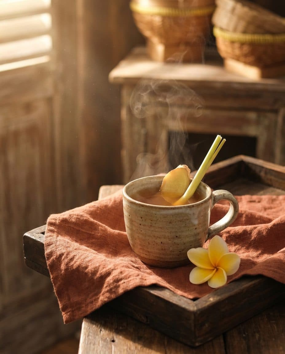 Kop warme Indische gemberthee (wedang jahe) met frangipani